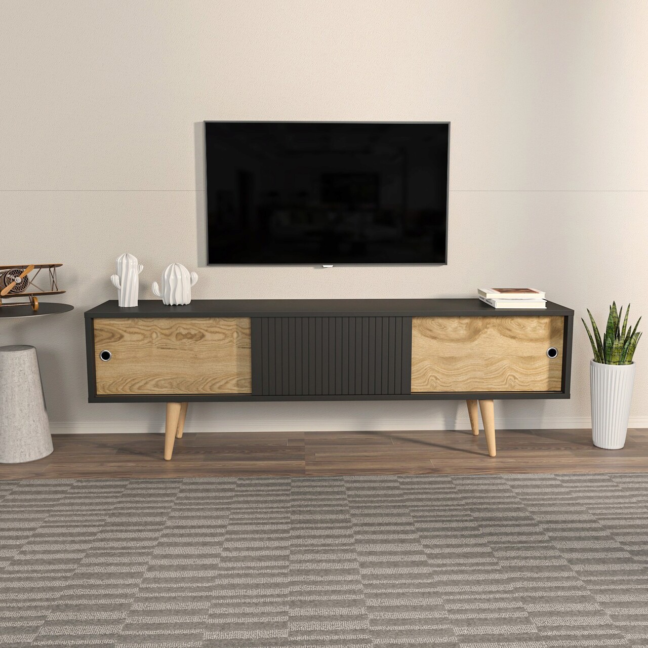 Comoda TV, Hanah Home, Ecrin, 160x45x34.5 cm, Antracit / Stejar - imagine 7
